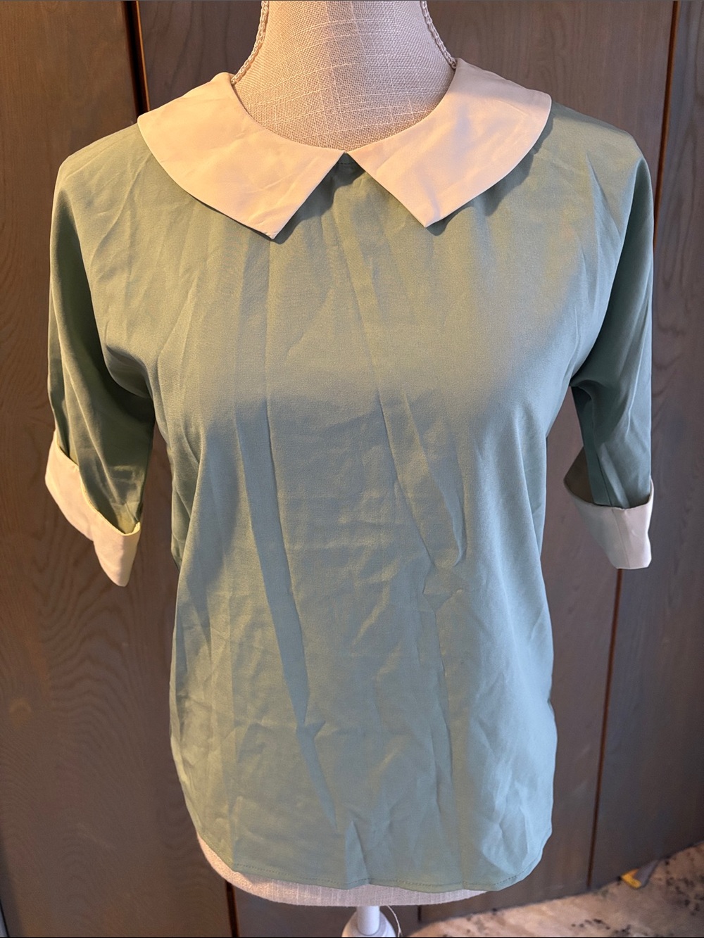 Comme Toi Sage Green Collared Blouse Short Sleeve Retro Peter Pan Collar